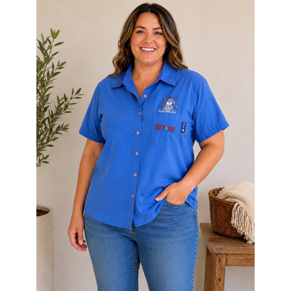 Disney Pooh Woman Eeyore Blue Embroidered Button Down Shirt Sz 14W/16W Cotton